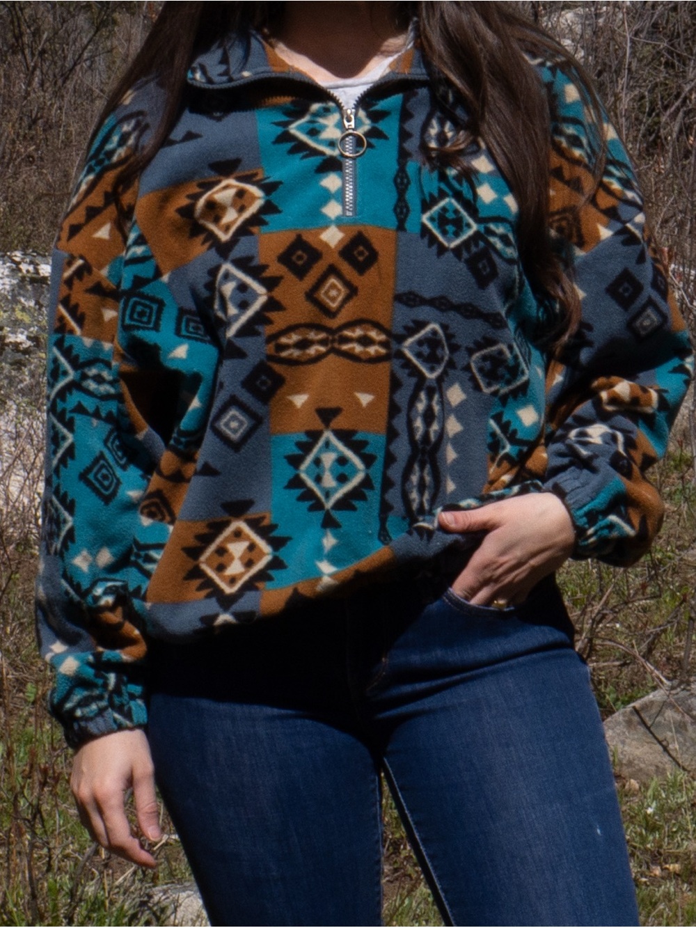 O’Neill Aztec Fleece Pullover in Teal & Rust